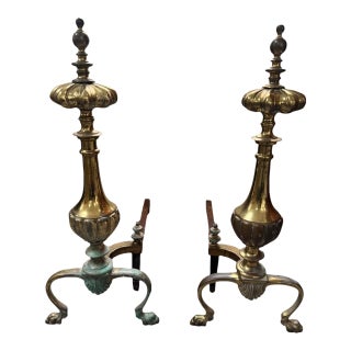 Pair of Antique French Empire Brass Column Andirons With Verdigris Patina For Sale