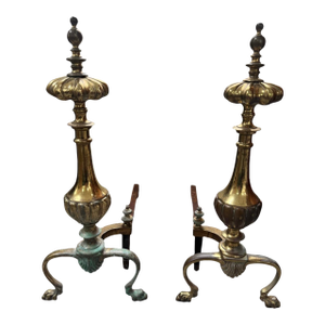 Pair of Antique French Empire Brass Column Andirons With Verdigris Patina
