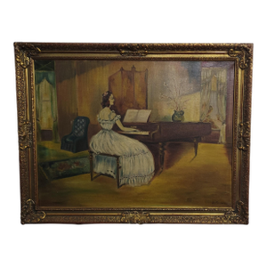 Le Feuvre 19th-Century Genre Painting Woman Playing the Piano Victorian, Framed