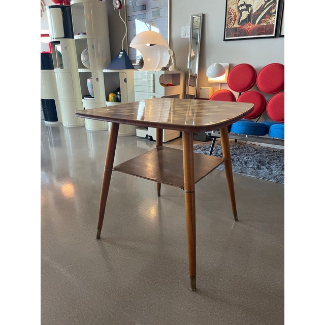 James Mont 1950s Vintage German Inlaid Wood Chess Table Side Double Decker Magazine Telephone For Sale - Image 4 of 11