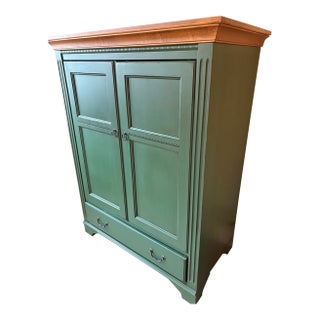 Traditional Painted Wood Armoire in Sage Green With Natural Wood Crowm For Sale