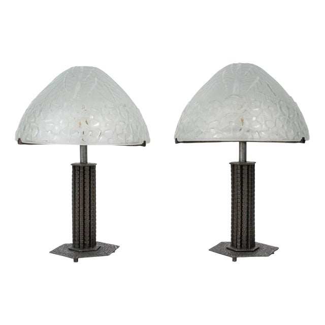 Vintage Art Deco Lamps in Wrought Iron and Molded Glass, 1930, Set of 2 For Sale