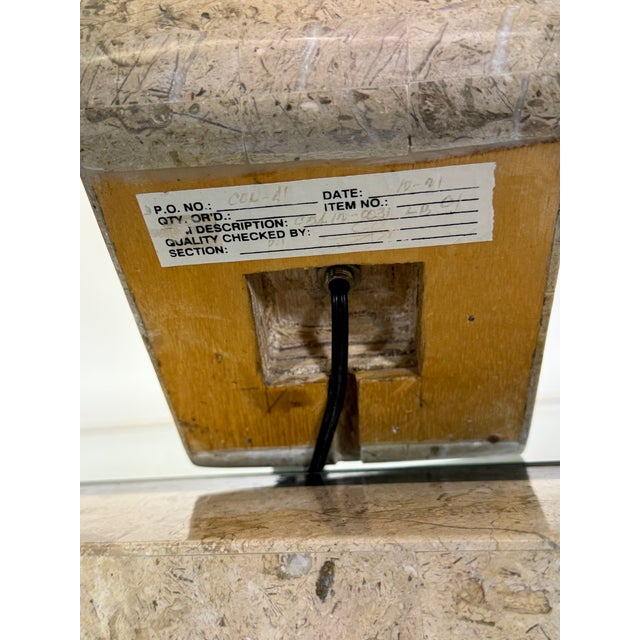 Metal Vintage Italian Style Table Lamps in Travertine Marquetry with Brass Details from Maitland Smith, 1980s, Set of 2 For Sale - Image 7 of 11