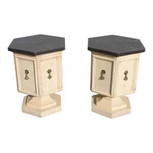 1960's Pedestal Off White Side Tables/ Nightstands Hexagon Shape W/ Slate Tops a - Pair