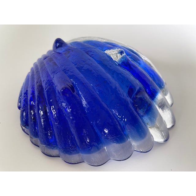 1980's Cobalt Blue and Transparent Textured Art Glass Seashell Bowl For Sale In Jacksonville, FL - Image 6 of 7