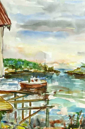 Armin Guther, View of Henningsvaer Lofoten, 1986, Watercolor