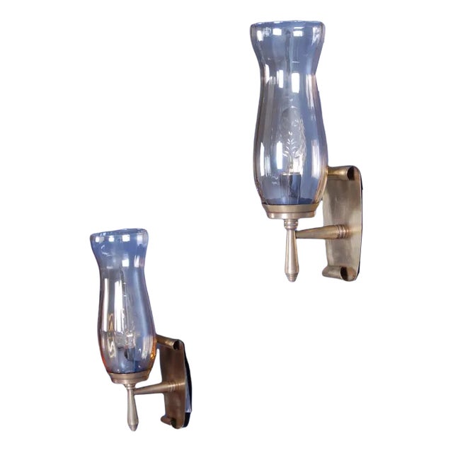 Brass & Glass Wall Lights, 1940s, Set of 2 For Sale