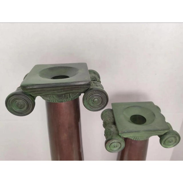 Vintage Tall Hand-Painted Iron Ionic Column Candleholders - A Pair For Sale - Image 4 of 8