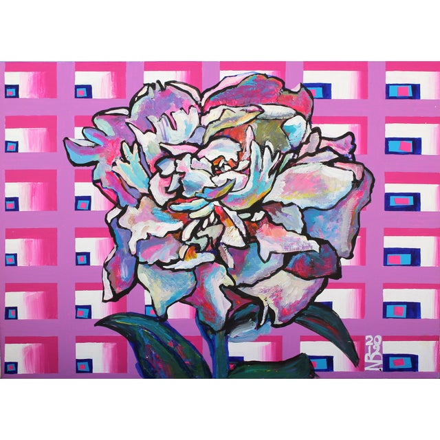 "Pink Peony" Fauvist Botanical Acrylic Painting on Canvas Patterned Backround For Sale