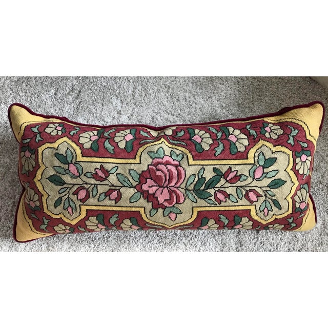 1940’s Floral Oblong Down Filled Needlepoint Pillow For Sale - Image 9 of 10