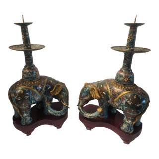 18th Century Important Pair Gilt Bronze and Cloisonne Elephant Altar Candle Holders For Sale