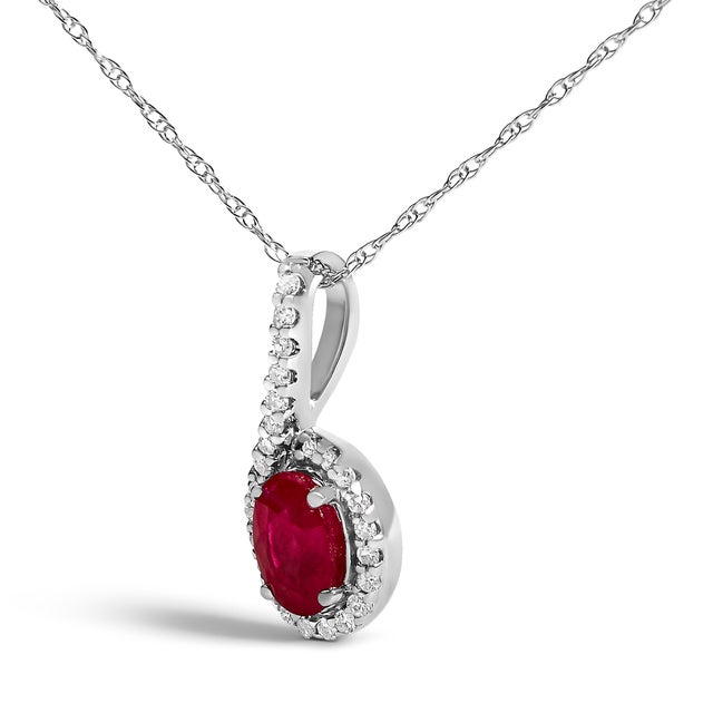 Contemporary 10K White Gold Red Ruby and Diamond Accent Teardrop Pendant Necklace - 18" Inches For Sale - Image 3 of 5