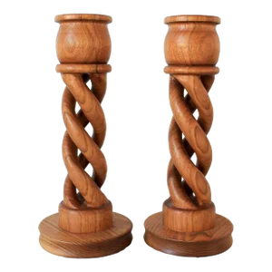 Pair of Hand Carved Wood Open Barely Twist Candlesticks