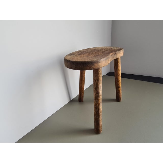 Brown Vintage French Wooden Tripod Stool, 1950 For Sale - Image 8 of 11