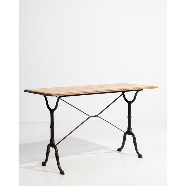 Metal Mid 20th Century Cast Iron Bistro Table With Oak Top For Sale - Image 7 of 9