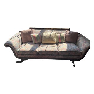 Duncan Phyfe Style Carved Sofa With Claw Feet and Rose Floral Damask For Sale