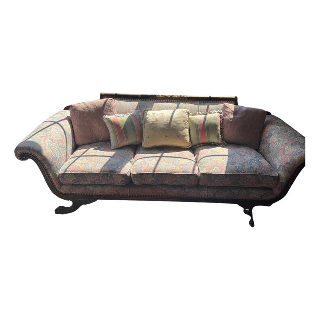 Duncan Phyfe Style Carved Sofa With Claw Feet and Rose Floral Damask For Sale