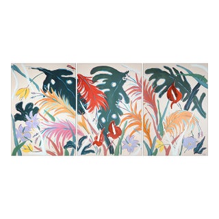 2026, Botanic Painting Triptych, Illustration Style Garden, Tropical Abundance, Acrylic Paint on Watercolor Paper For Sale