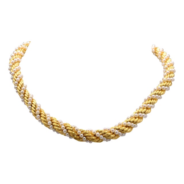 The 52nd Street: Classic Pearl and Rope Chain Woven Necklace in Yellow Gold For Sale