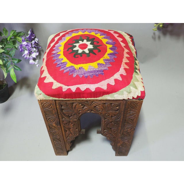 Brown Vintage Hand-Carved Wooden Stoll Chair, Afghanistan For Sale - Image 8 of 14