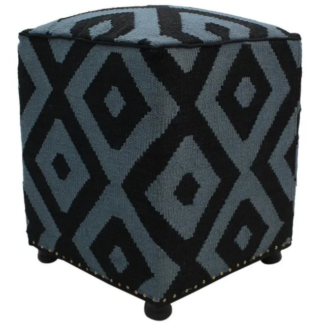 Shabby Chic Boho Chic Schuster Black/Grey Handmade Kilim Upholstered Ottoman For Sale - Image 3 of 8