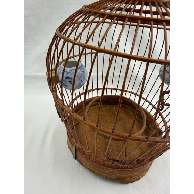 Wood 1980's Asian Bamboo Birdcage With Ceramic Feeders For Sale - Image 7 of 10