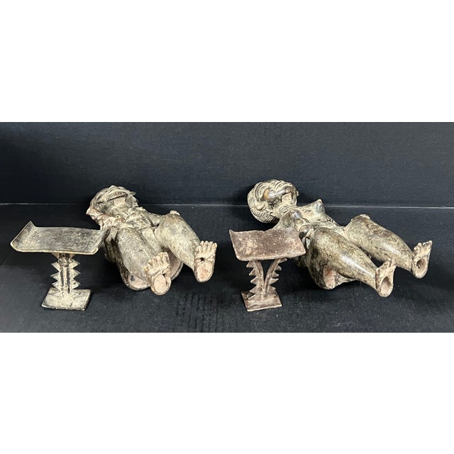 Metal Pair of African Tribal Art Benin Bronze Royal Statue For Sale - Image 7 of 11