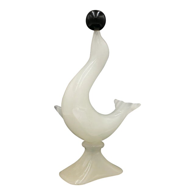 Mid 20th Century Large Vintage White Agate Seal Lion Balancing a Ball Sculpture For Sale