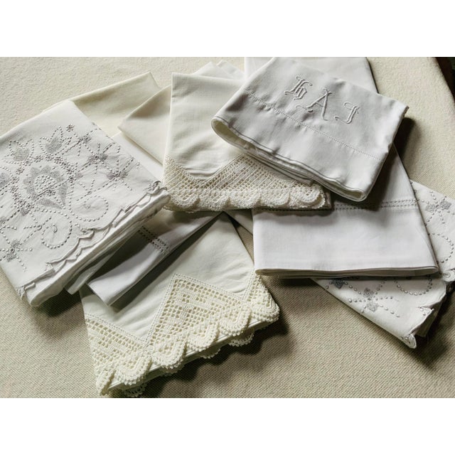 Set of 7 Antique Linen & Cotton Pillowcases With Lace Trim & Monogram — C. 1920s, Nantucket Estate For Sale - Image 15 of 18
