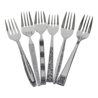 Curated Set of 6 Mid Century Modern Stainless Steel Salad or Dessert Forks, Mismatched Vintage Table Setting, Six Fork, MCM Black Background For Sale
