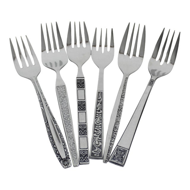 Curated Set of 6 Mid Century Modern Stainless Steel Salad or Dessert Forks, Mismatched Vintage Table Setting, Six Fork, MCM Black Background For Sale