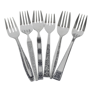 Curated Set of 6 Mid Century Modern Stainless Steel Salad or Dessert Forks, Mismatched Vintage Table Setting, Six Fork, MCM Black Background