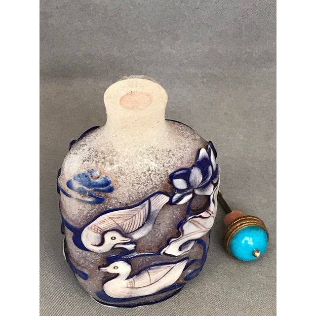 Blue Frosted Glass Snuff Bottle With Blue Overlay Design of Fish Ad Ducks For Sale - Image 8 of 11