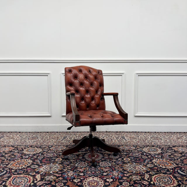 Wood English Chesterfield Office Chair in Leather For Sale - Image 7 of 8