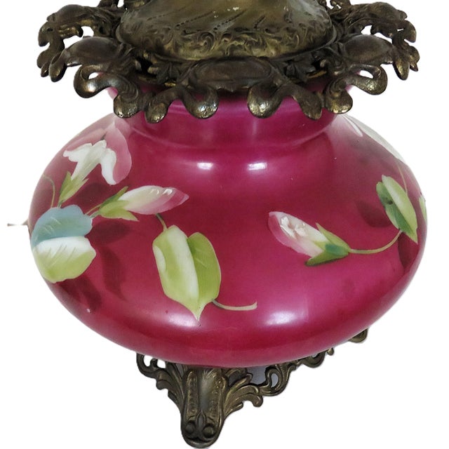 Victorian 19th C. Oil Kerosene Lamp Base W/ Font Gone With the Wind Banquet Antique Victorian Morning Glories For Sale - Image 3 of 8
