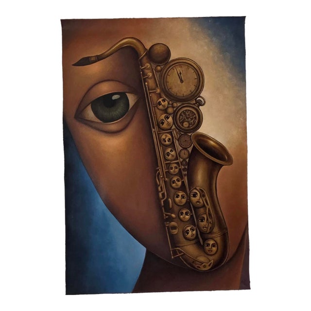 Music and Memory – Original Large Surrealist Ethio-Jazz Canvas Painting by Tsegalidet Tefera For Sale