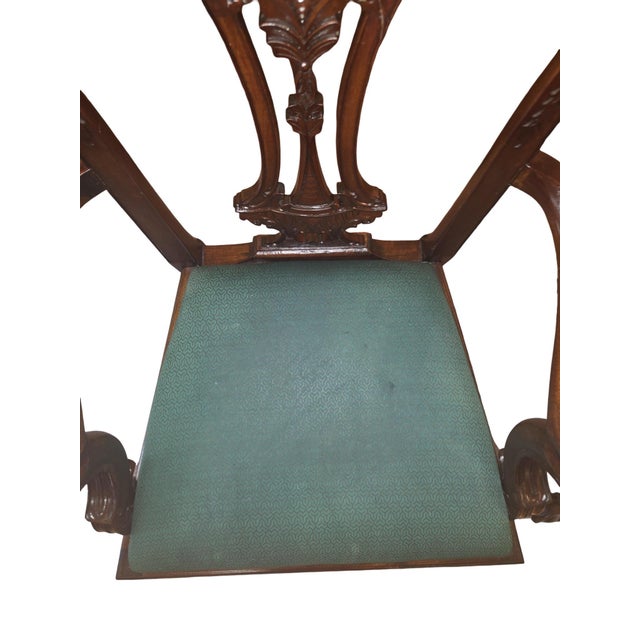 Wood Pair of Vintage Chippendale-Style Carved Mahogany Armchairs With Green Upholstery For Sale - Image 7 of 12