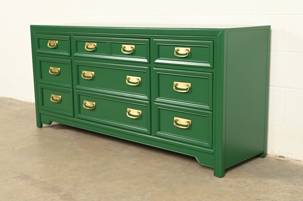 dark emerald green dresser Thomasville Mid-Century Hollywood Regency Lacquered or Credenza | Newly Refinished Black & Gold