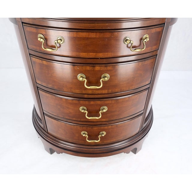 Late 20th Century Pair of 4 Drawer Banded Top Demi Lune Consoles Dressers Brass Drop Pulls MINT! For Sale - Image 5 of 16