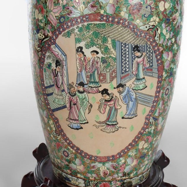 Monumental Vintage Chinese Rose Medallion Vase With Carved Hardwood Base 20thC For Sale - Image 4 of 11