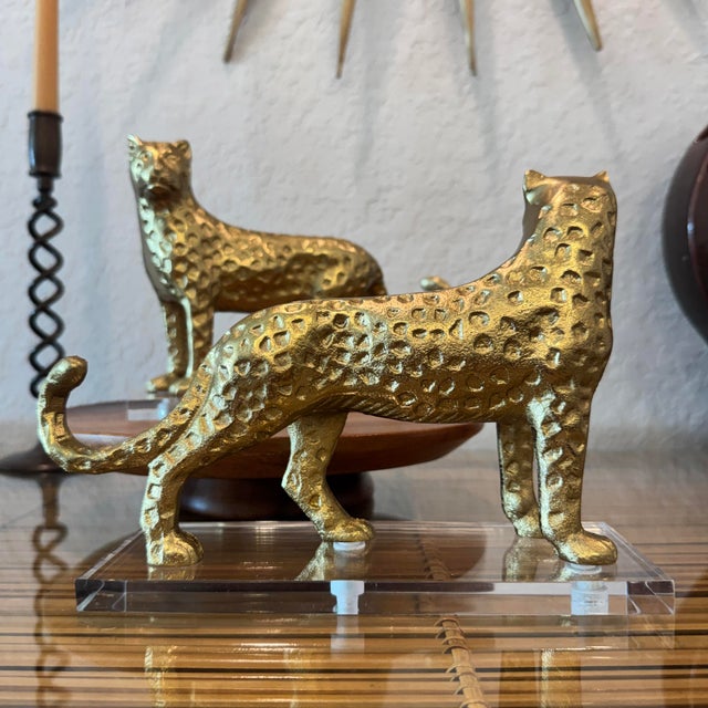 Brass Cheetah Sculptures on Lucite Bases For Sale - Image 4 of 10