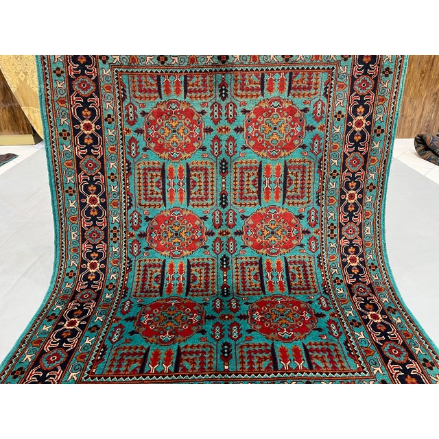 Turquoise Tree of Life Tribal Wool Area Rug, 4'11