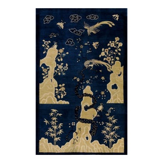 1920s Navy Blue Scene Pictorial Antique Chinese Peking Carpet 5' X7' 8" Knotted Wool Rug For Sale