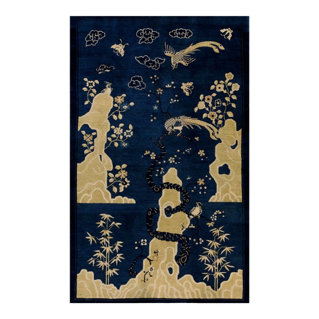 1920s Navy Blue Scene Pictorial Antique Chinese Peking Carpet 5' X7' 8" Knotted Wool Rug For Sale