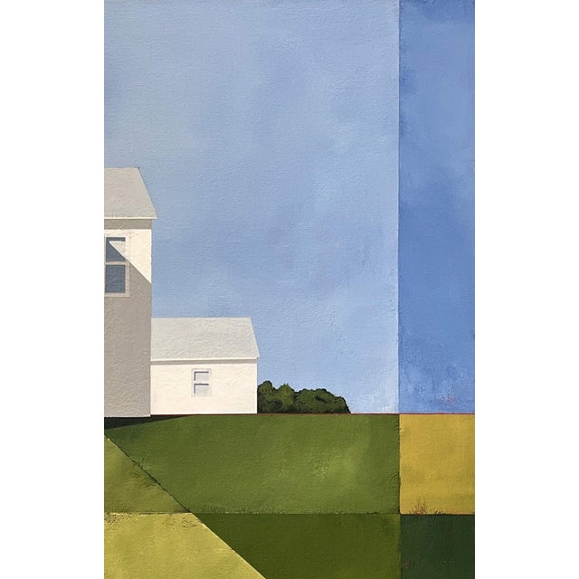 The Old Farmhouse by Justin Wheatley | Acrylic on Canvas White Farmhouse With Green Fields For Sale In Denver - Image 6 of 11