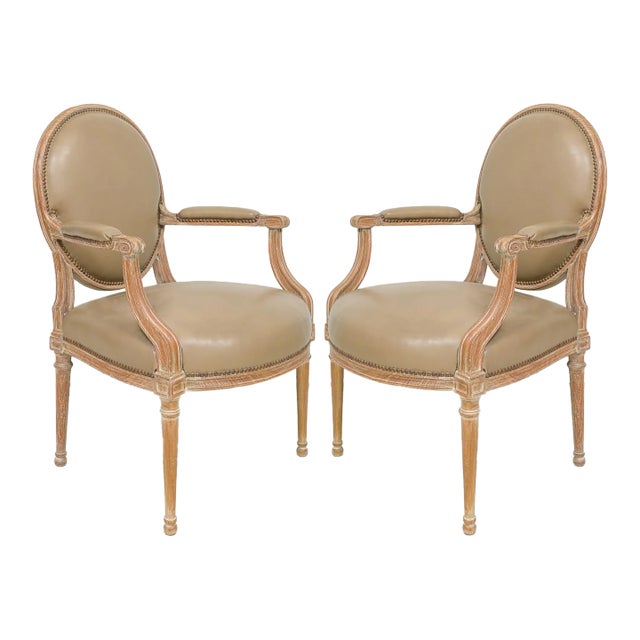 Pair of Vintage Cerused Oak Armchairs in the Neoclassic Manner For Sale