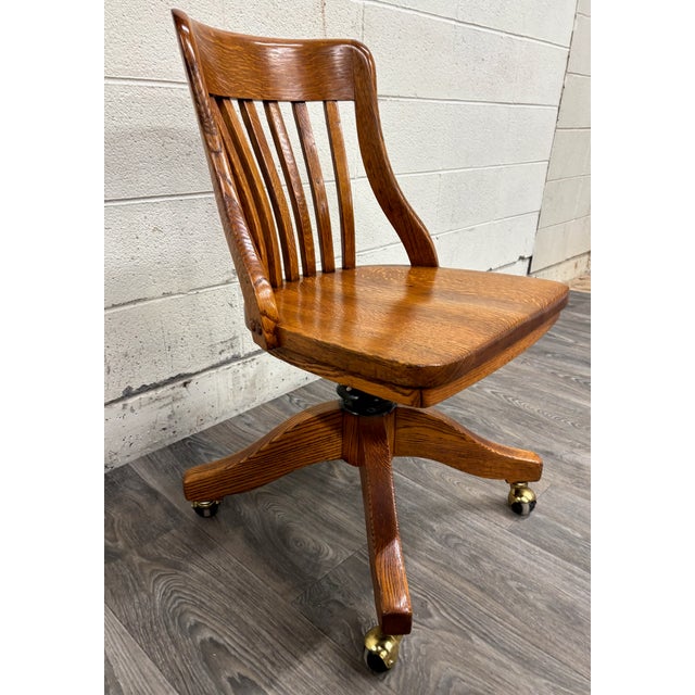 Arts & Crafts Antique Oak Adjustable Swivel Desk Chair Banker Lawyer Jury Office Chair For Sale - Image 3 of 11
