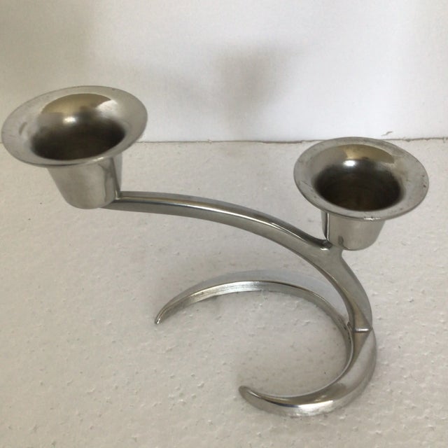 Silver Pair of Mid Century Crescent Base Pewter Double Candle Holders For Sale - Image 8 of 13