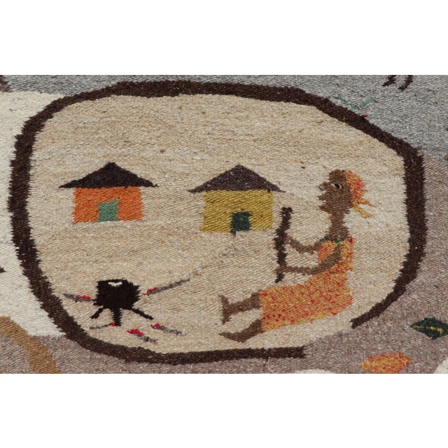 Vintage African Tapestry With Tribal Village, Wildlife and Hunting Scene For Sale In Atlanta - Image 6 of 15