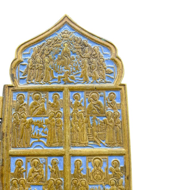 Bronze icon with various religious scenes. Russian Orthodox iconography has long played a role as a medium to focus for...